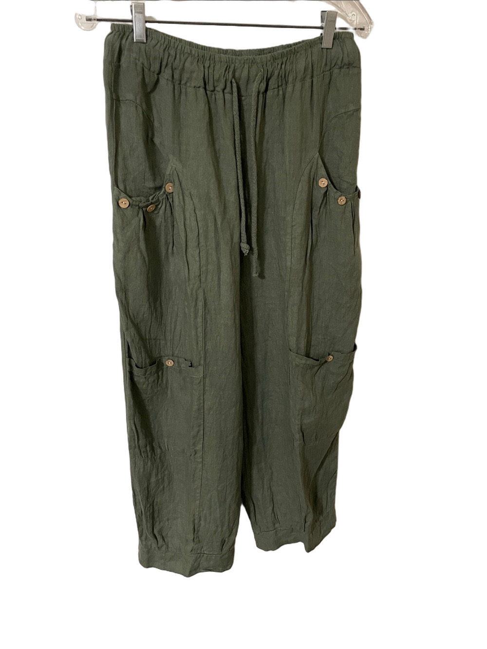 Cherish Made in Italy Sage Green Cropped Drawstring Linen Cargo  Pants O/S